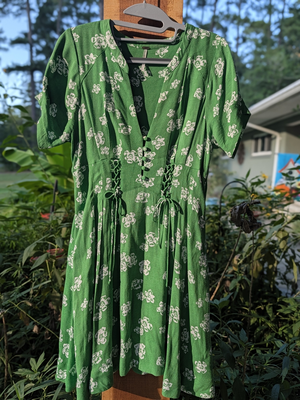 Free People Green Floral V-Neck Tie-Detail Dress